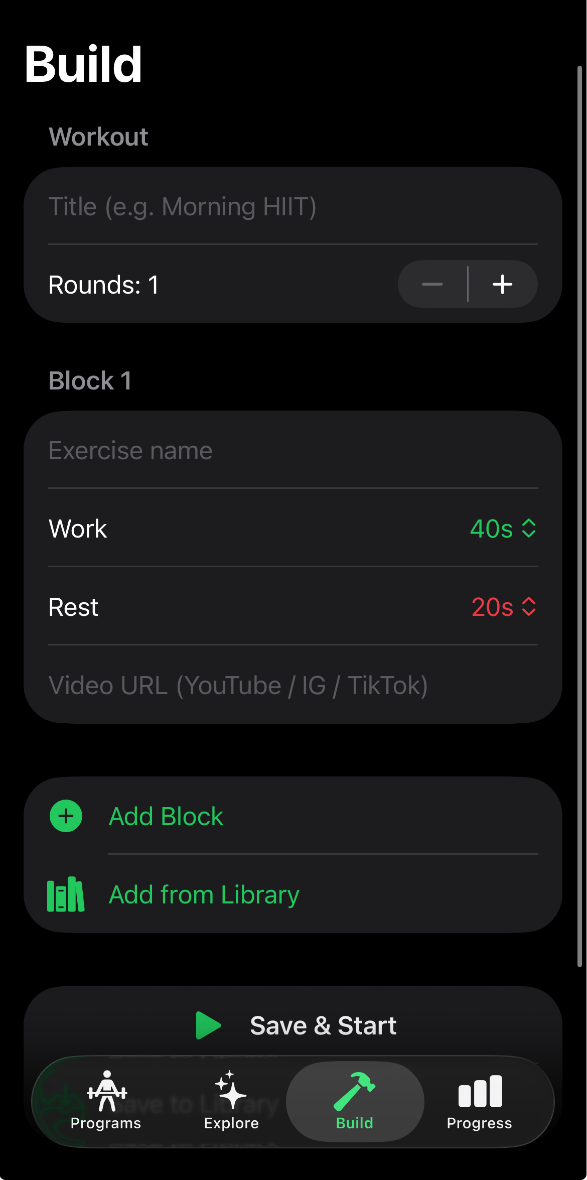 Forkout — the workout builder screen