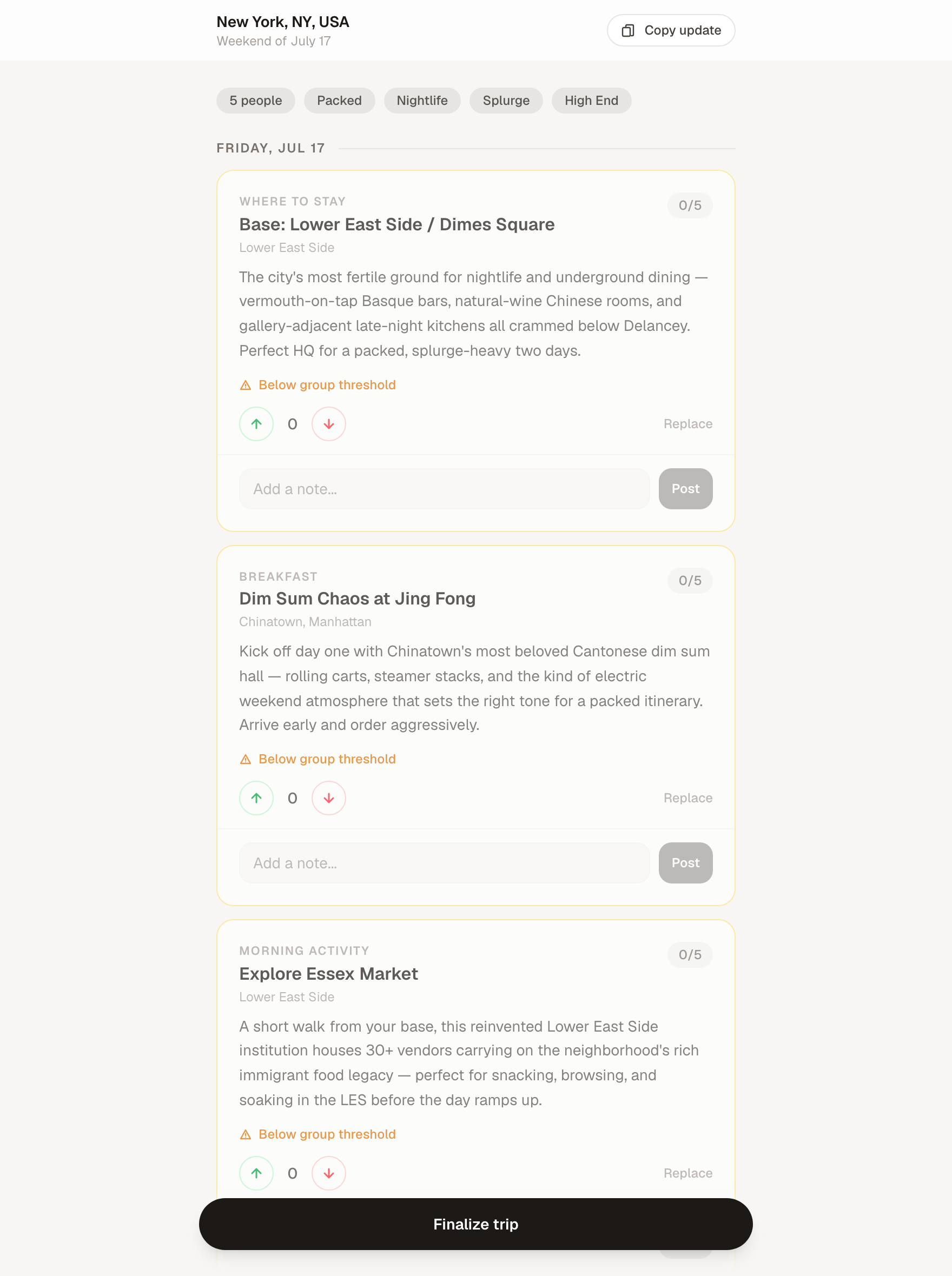 LazyVacation — a generated weekend itinerary for New York with group upvotes and comments