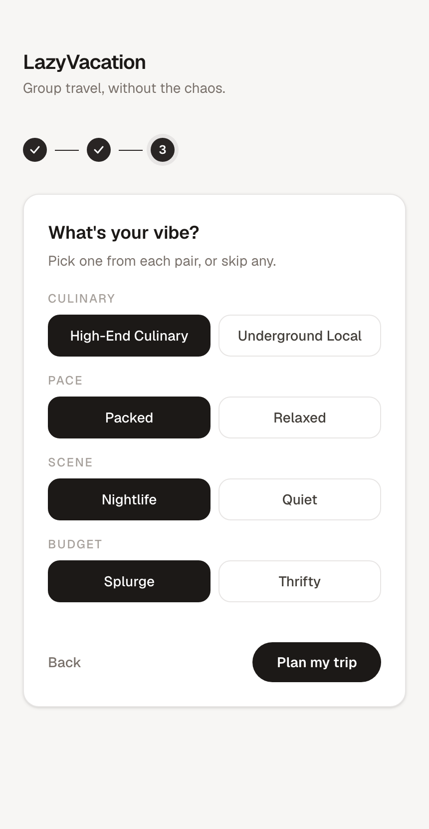 LazyVacation — step 3, choose your vibe